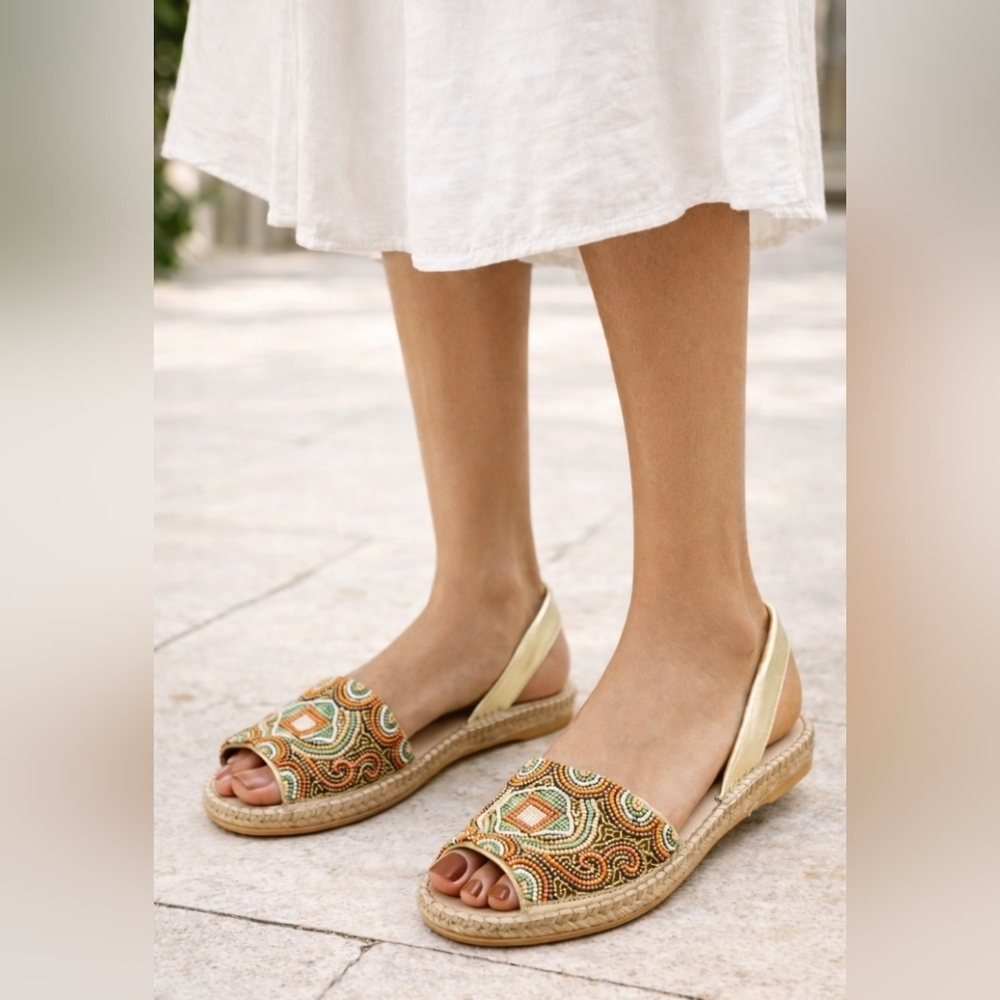 Andrew Stevens Gold and Multicolor Beaded Espadrille Sandals